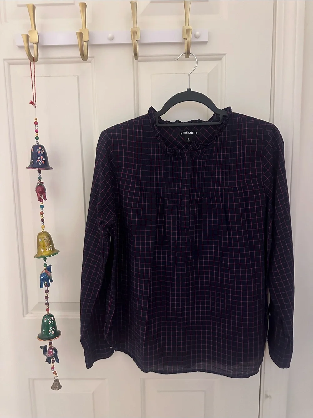 J. Crew Navy Long-Sleeve Check Blouse with Ruffle Collar